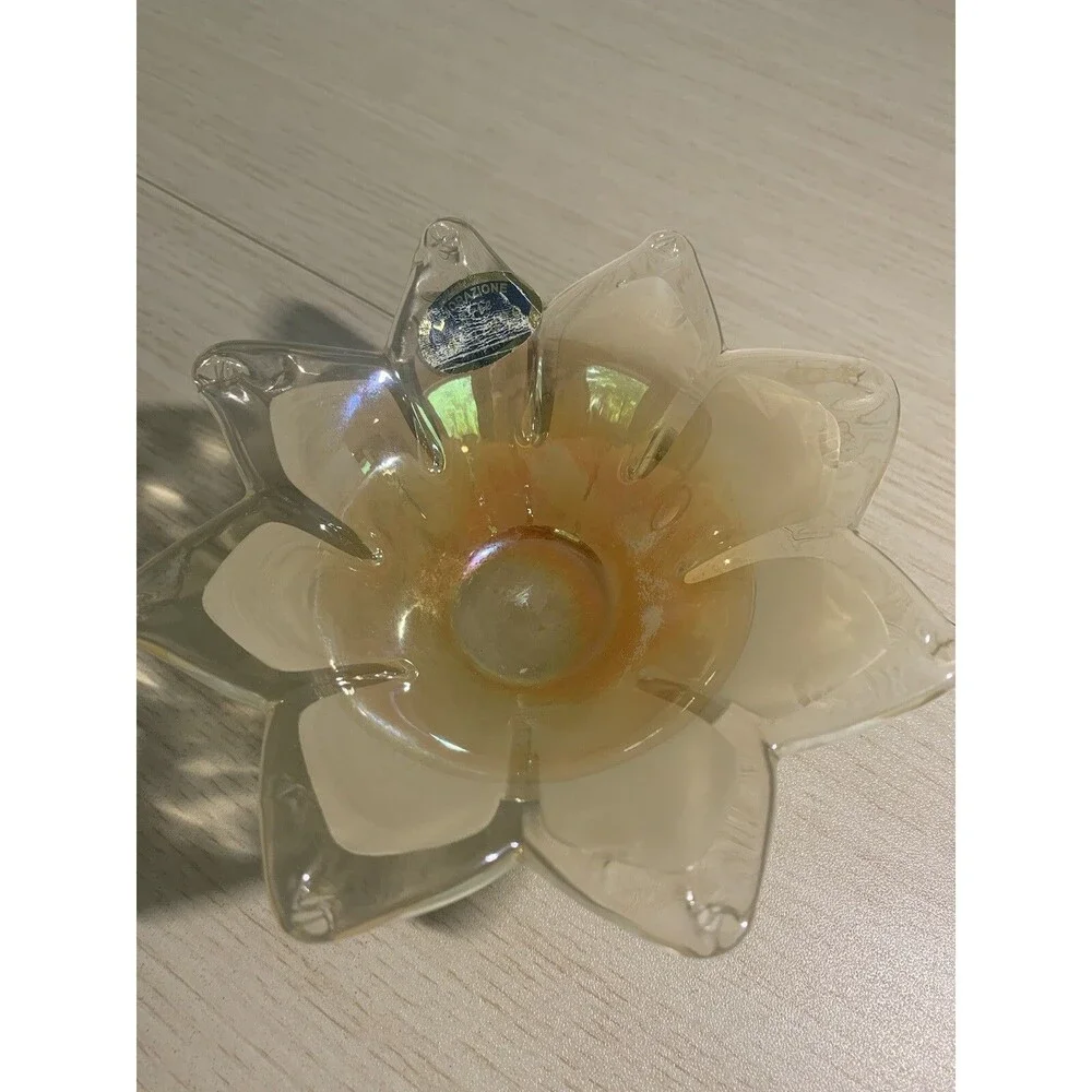 Murano Art Glass Star Flower Votive Dish white and Iridescent Orange has Sticker